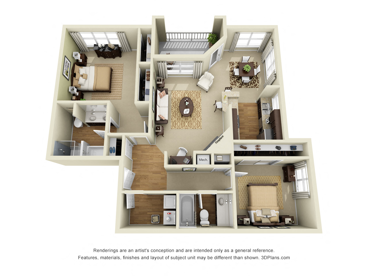 Floor plan for 2 beds, 2 baths, 1240 sqft